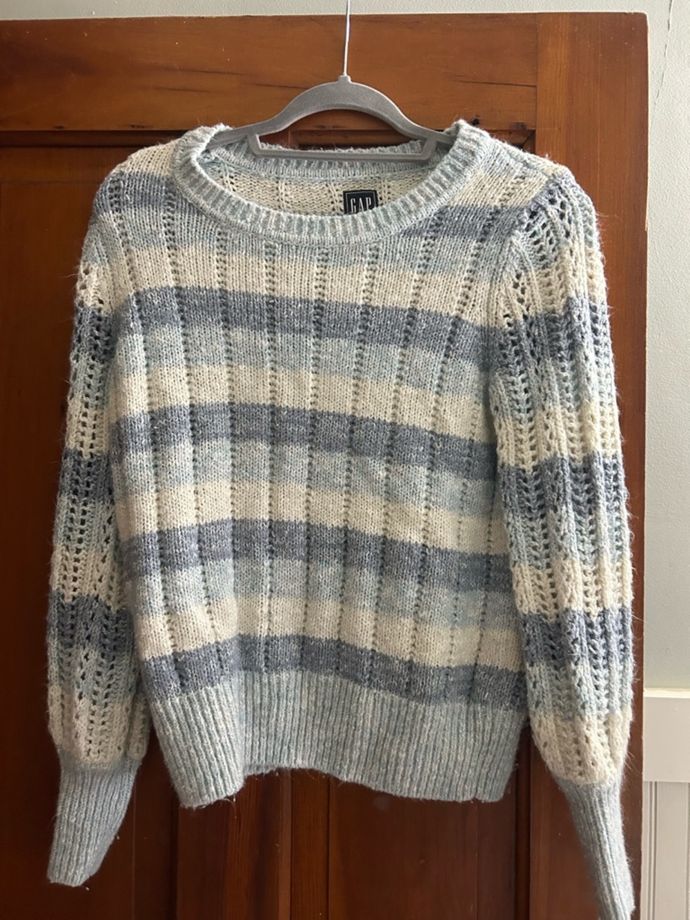 GAP Women's Striped Crewneck Sweater in Cream and Light Gray